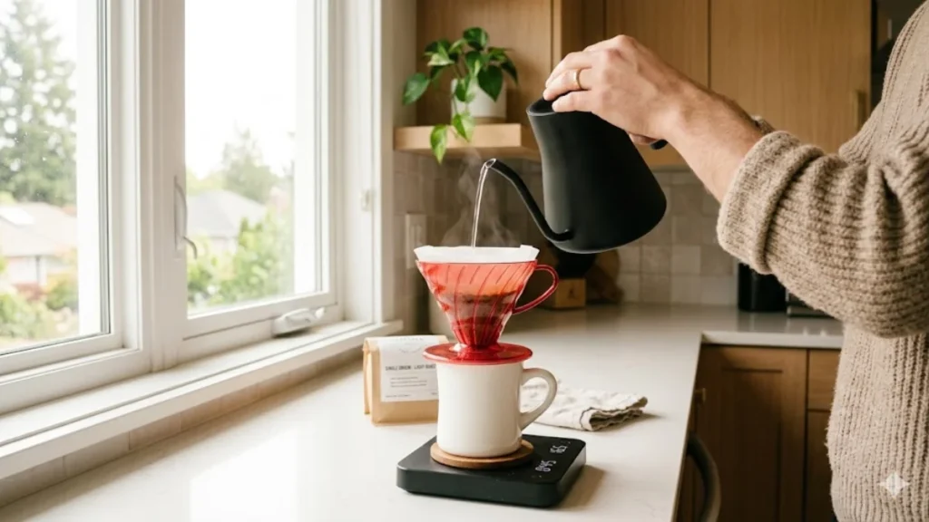A beginner brewing their first pour over coffee with a V60 dripper on a digital coffee scale, kettle pouring