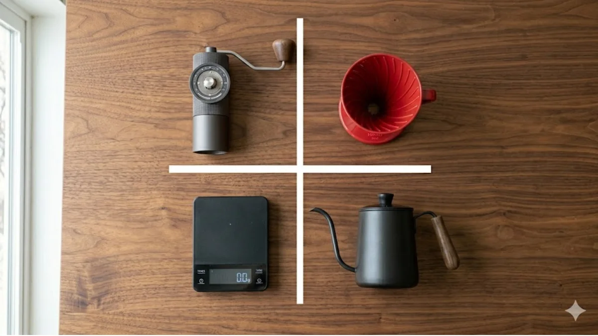 Overhead flat lay of the four essential beginner coffee tools — manual grinder, V60 dripper, digital scale, and gooseneck kettle — on a wooden surface