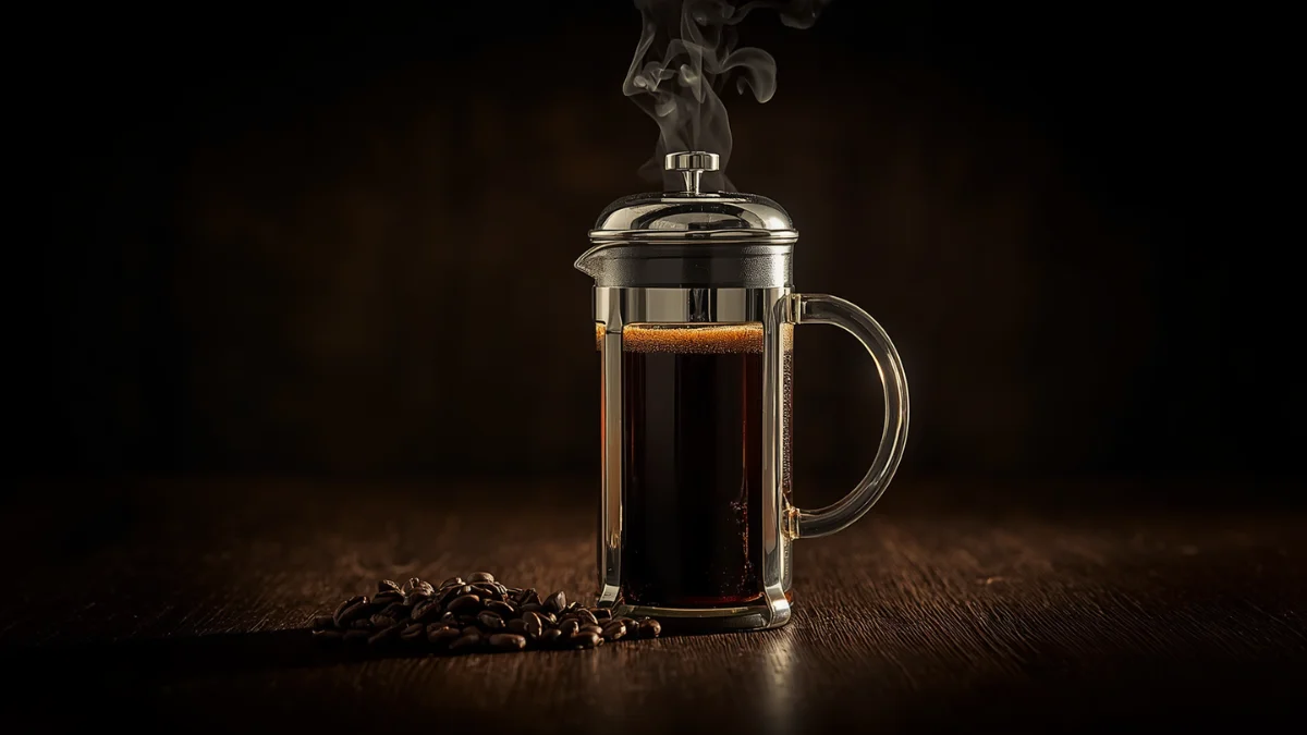 French press coffee maker with dark roast coffee beans on a wooden table