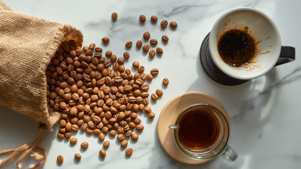 Light roast coffee beans next to a pour over dripper and brewed coffee
