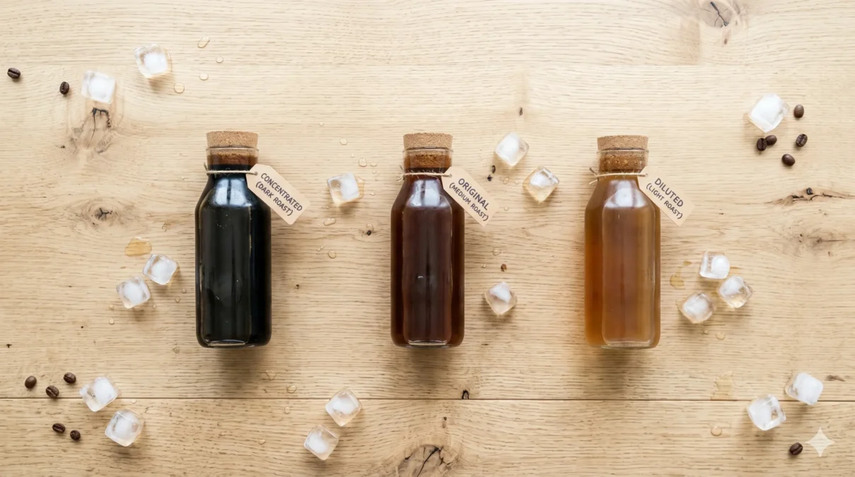 Three jars of cold brew coffee showing different concentration strengths