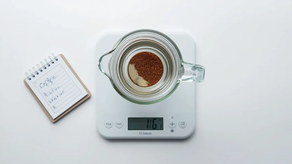 Digital scale measuring coffee grounds and water for accurate cold brew ratios
