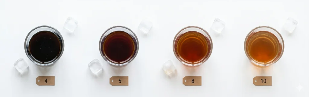 Four cups of cold brew coffee showing different ratio strengths from concentrated to diluted