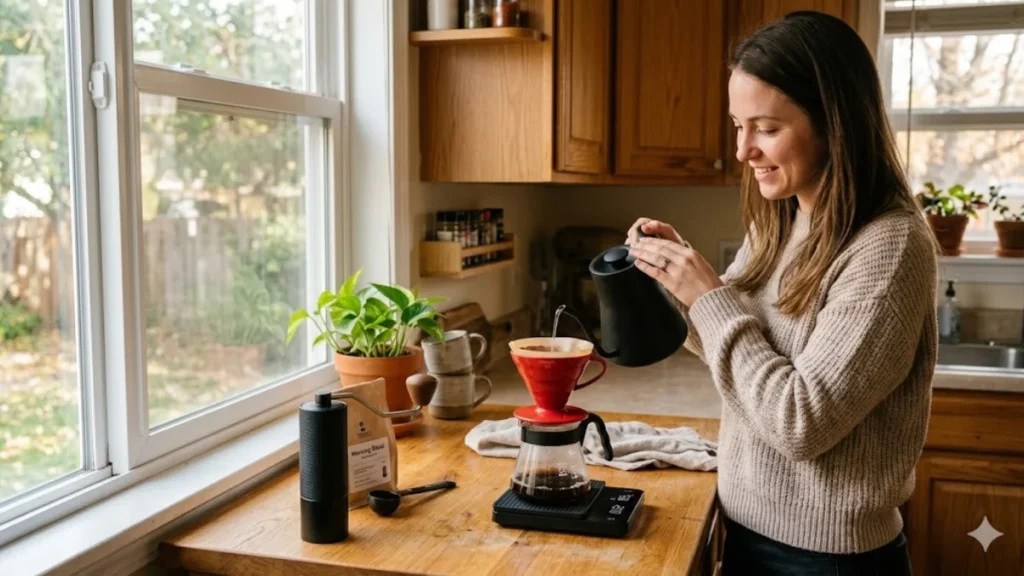 The best beginner coffee setup: A complete four-piece beginner coffee setup — grinder, V60 dripper, scale, and kettle — in use on a kitchen counter in morning light