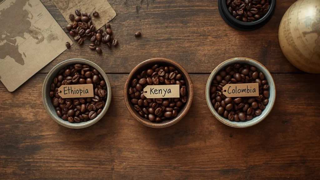 Bowls of coffee beans from Ethiopia, Kenya, and Colombia with origin labels