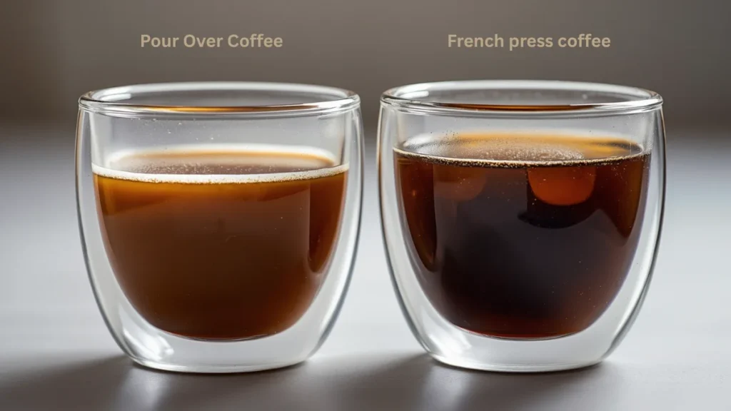 Comparison of light-bodied filtered coffee next to heavier full-bodied French press coffee
