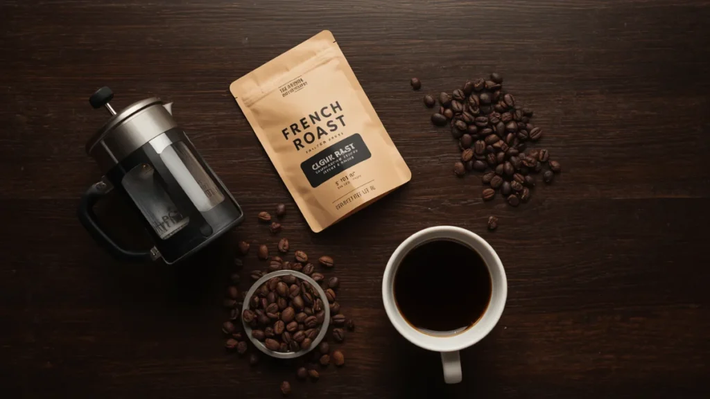 French press setup with dark roast coffee beans, scale, and finished coffee