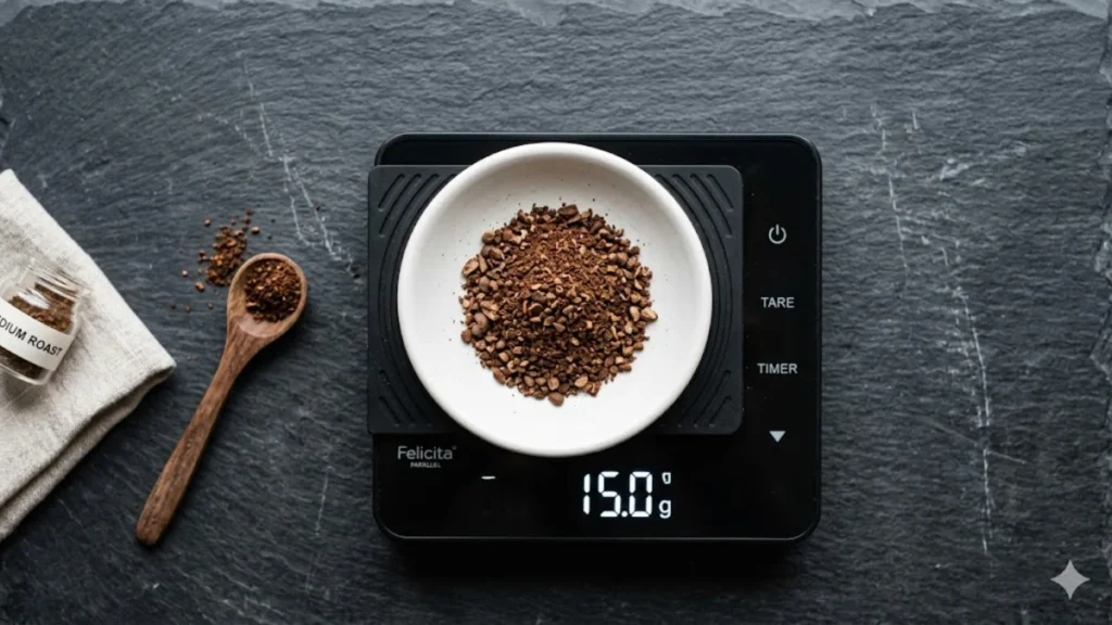 A digital coffee scale showing a 15 gram coffee dose in a white ceramic dish — illustrating precise brewing measurement