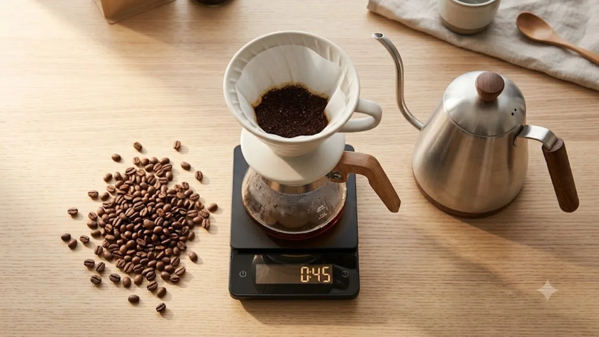 Coffee scale with built-in timer next to a pour over dripper and gooseneck kettle