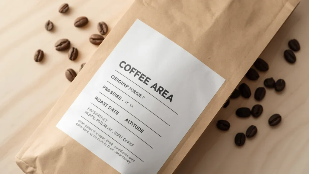Coffee bag label showing origin, process, roast date, and altitude information