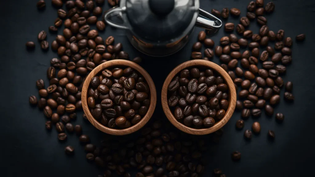 Sumatran and Brazilian coffee beans in bowls with a French press in the background