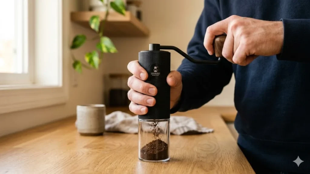 Two hands cranking a TIMEMORE Chestnut C3 manual coffee grinder with grounds falling into the catch cup below