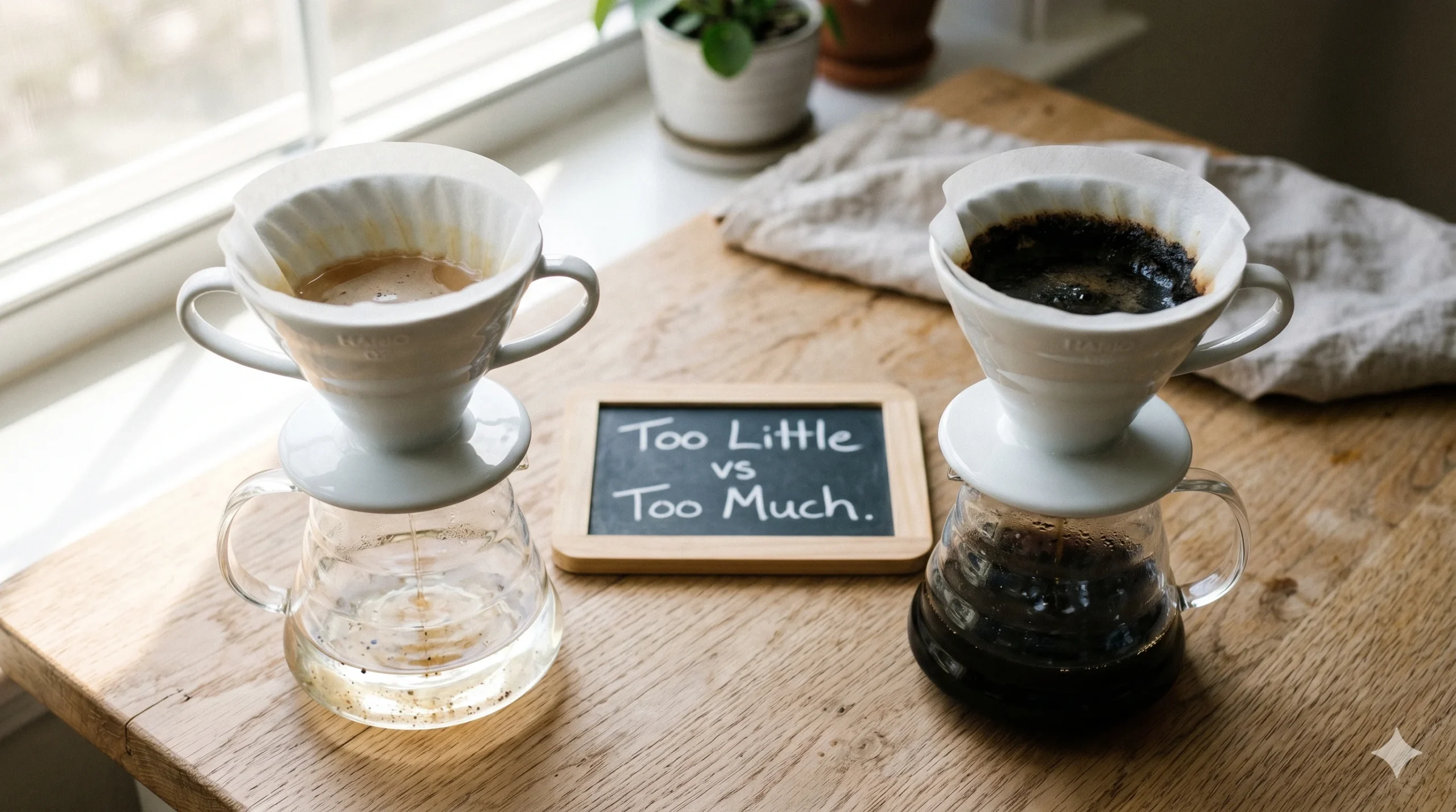 Two cups of coffee showing under-extraction on the left and over-extraction on the right