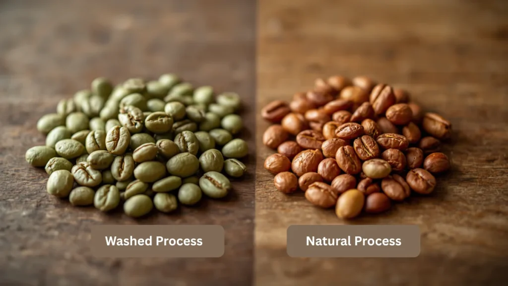 Washed process coffee beans next to natural process coffee beans showing visual differences
