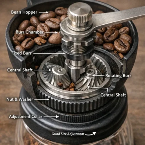The precision yet simple mechanical set up inside a manual grinder showing how the grinder normally works