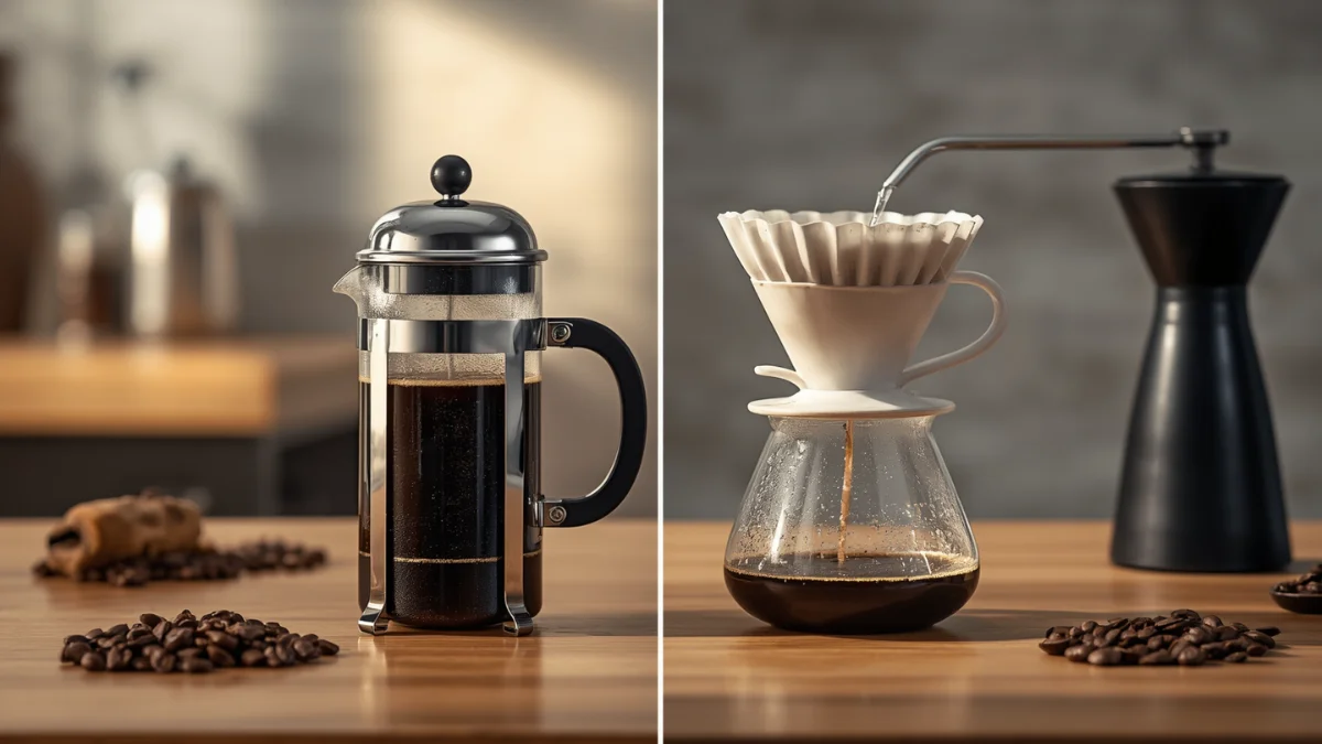 comparison scene featuring a French press on one side and a pour-over dripper on the other, both on a clean wooden coffee bar with freshly brewed coffee, coffee beans, grinder, and warm natural morning light