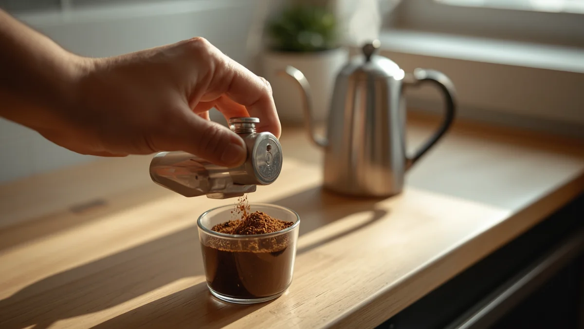 Hand cranking a manual burr grinder with fresh coffee grounds collecting in the catch cup