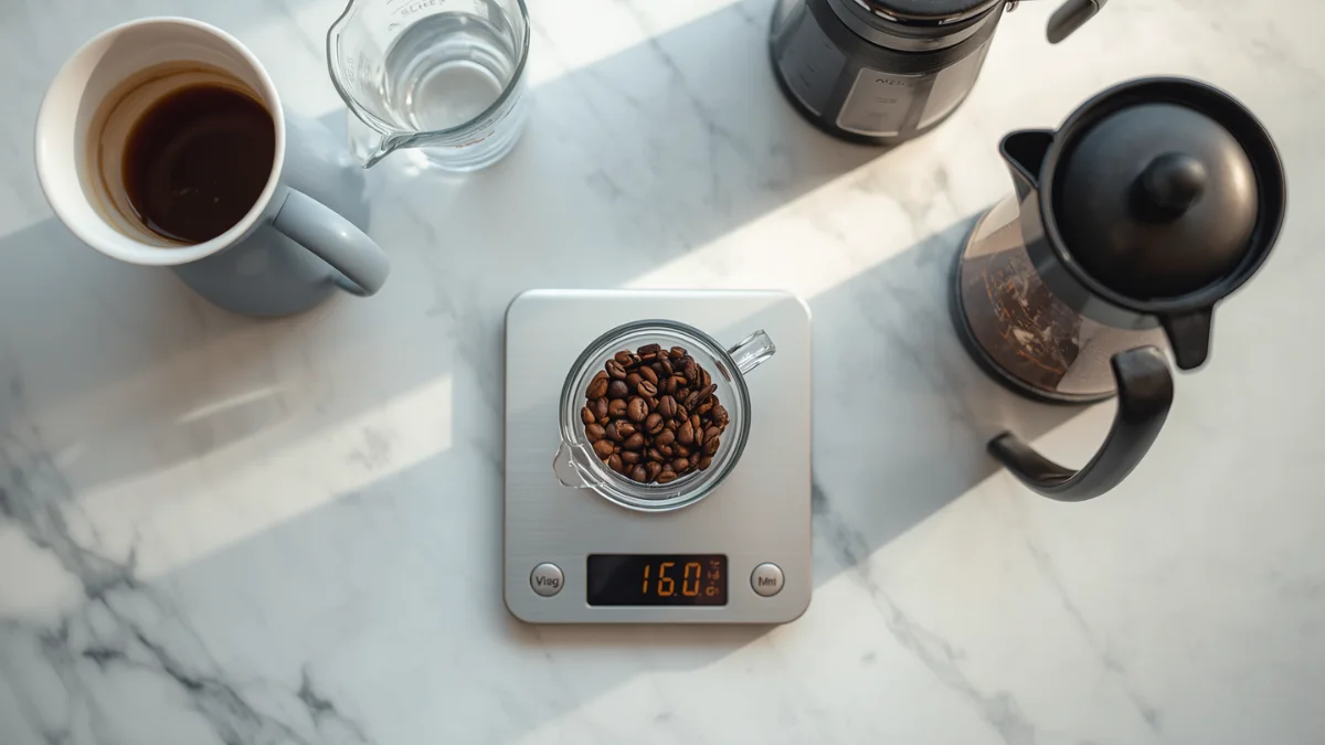 Hand cranking a manual burr grinder with fresh coffee grounds collecting in the catch cup