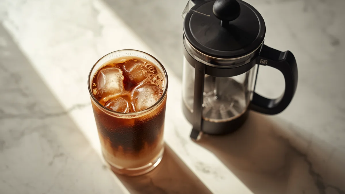 Pouring hot French press coffee slowly over ice in a glass filled halfway with ice cubes