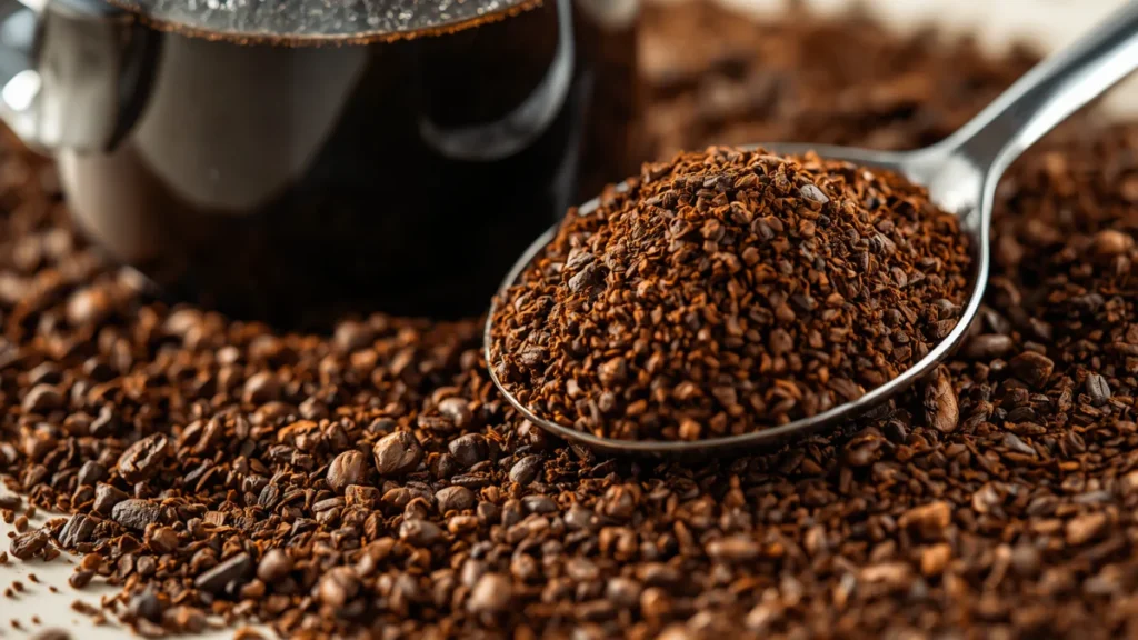 coarse coffee grounds beside a French press and a spoon, showing clearly chunky, uneven grind particles ideal for French press coffee