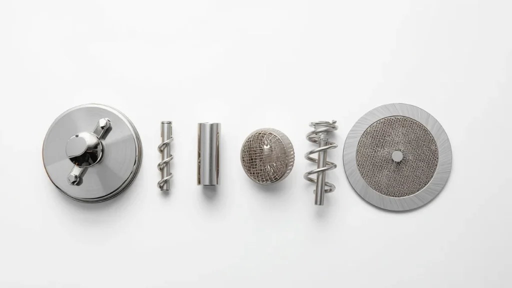 Bodum Chambord French press plunger disassembled showing the lid, rod, spiral plate, and mesh filter components