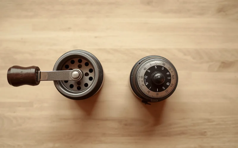 Manual burr grinder next to electric burr grinder showing adjustment mechanisms on both