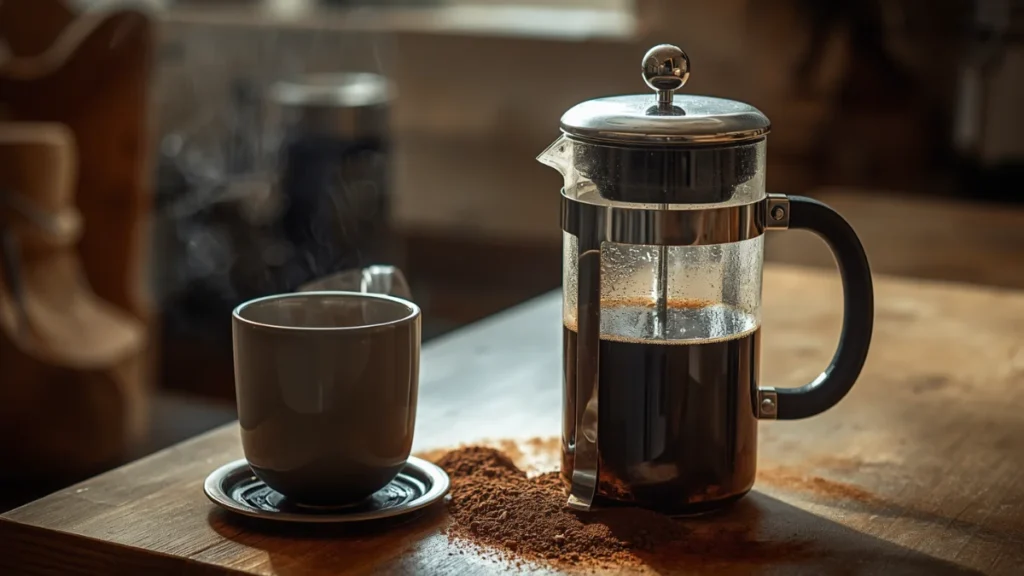 close-up of a French press coffee setup on a kitchen counter, showing a glass French press, coarse coffee grounds, hot water, and a rustic but clean coffee-making atmosphere