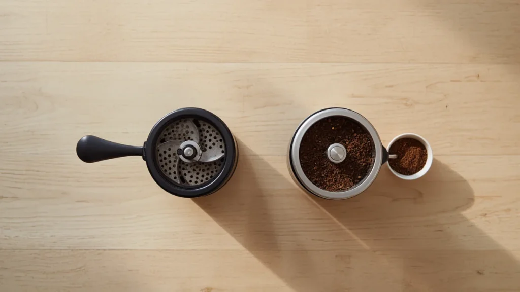 Manual burr grinder on the left next to electric burr grinder on the right showing both grinding options