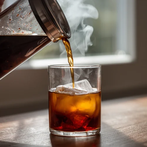 Cold brew coffee steeping in a French press overnight in a refrigerato