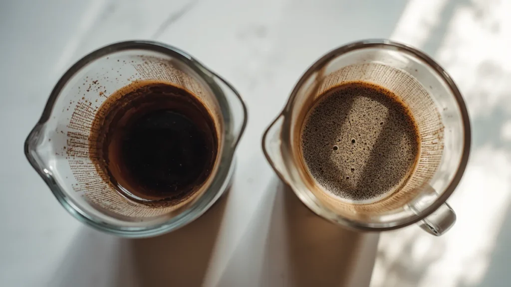 Two cups of French press coffee — murky single-filter result on the left versus cleaner double-filter result on the right