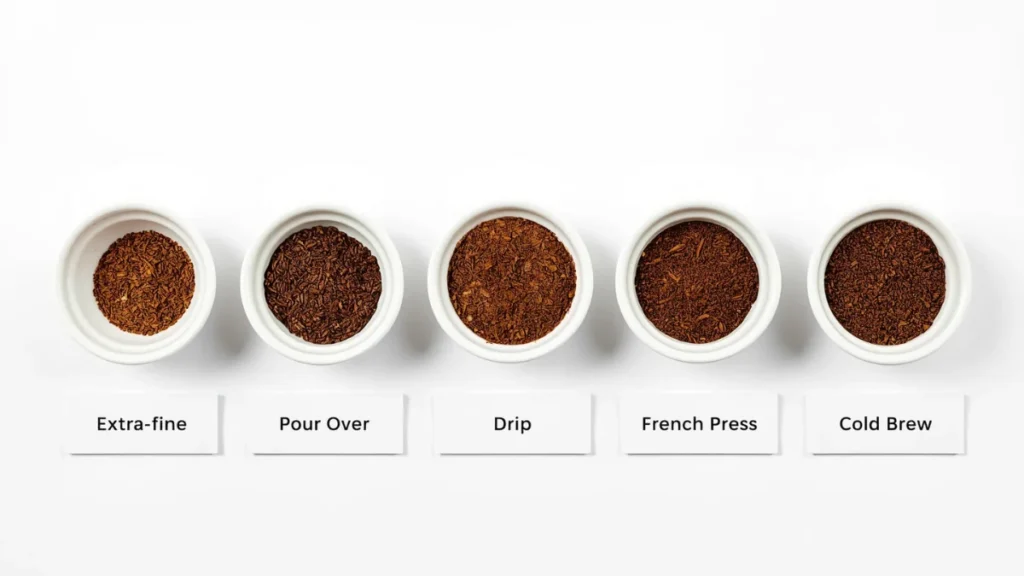 Five dishes showing coffee grind sizes from extra-fine espresso on the left to extra-coarse cold brew on the right with method labels