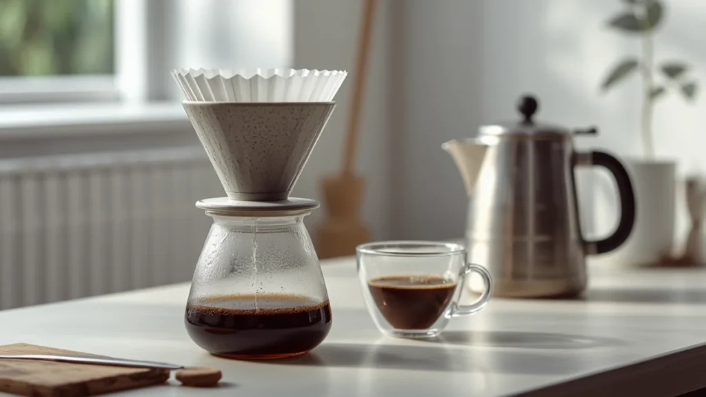 pour-over coffee scene featuring a ceramic dripper, paper filter, kettle, and freshly brewed coffee in a clear cup or carafe, with soft natural light and a modern, tidy coffee workspace.
