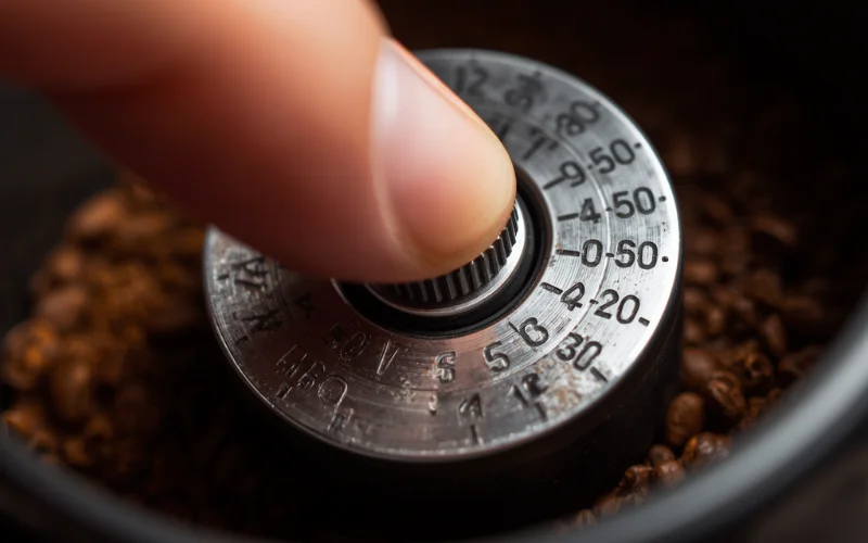Close-up of a finger turning a burr grinder adjustment ring one small click at a time