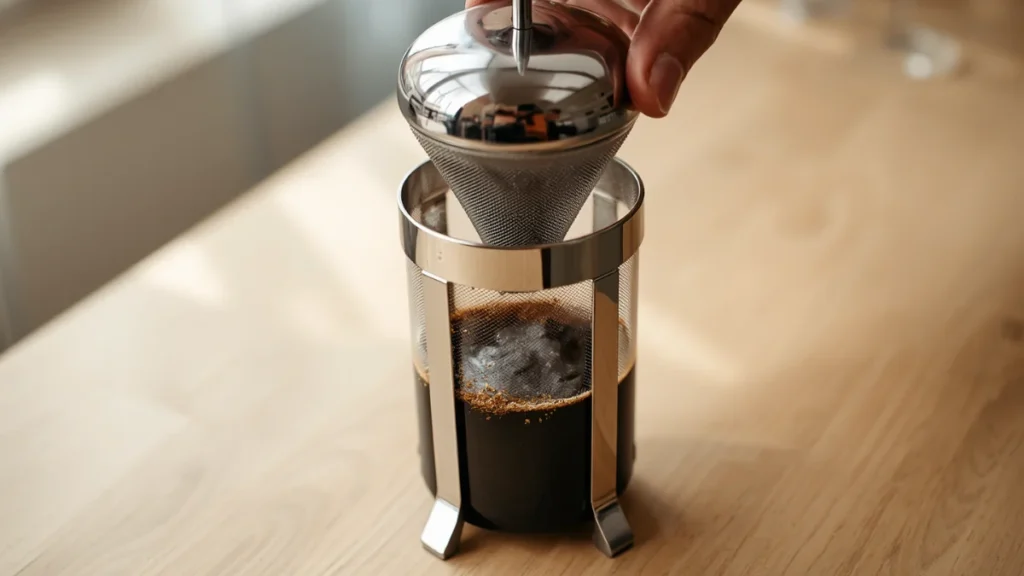 Hand pressing the plunger on a chrome French press with rich dark coffee visible on both sides of the mesh
