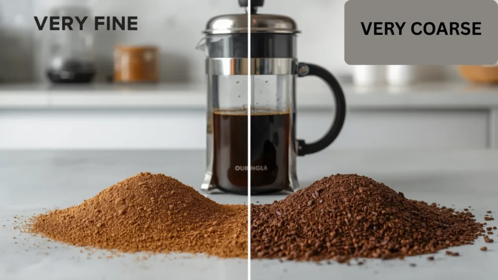 A side-by-side coffee grind comparison image showing very fine grounds on one side and very coarse grounds on the other, with a French press in the scene.