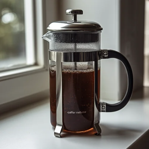 Hands pressing down the plunger on a French press slowly and steadily