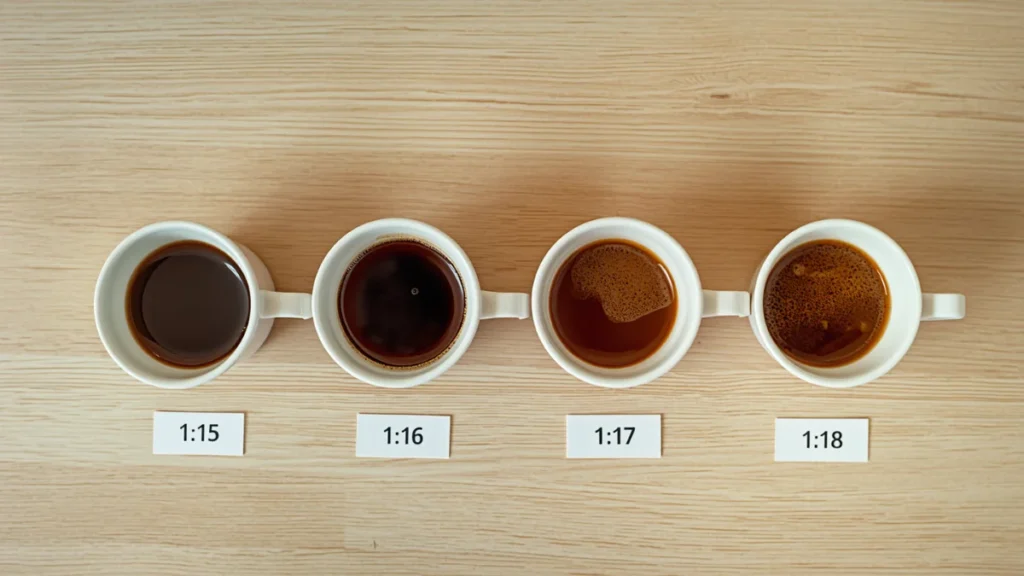 Four cups of coffee showing different concentrations from strong 1:15 ratio on the left to light 1:18 ratio on the right