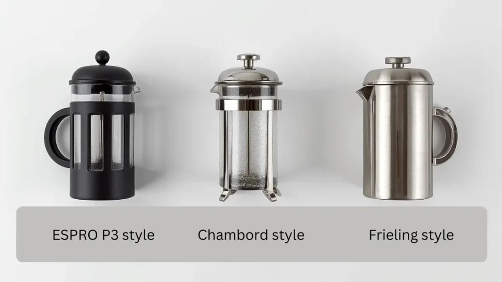Three French press styles compared — ESPRO P3, Bodum Chambord, and Frieling double-wall stainless side by side