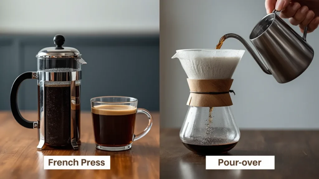 A side-by-side coffee brewing comparison image showing French press coffee and pour-over coffee in the same frame, with clearly different brew styles, cups, and brewing tools.