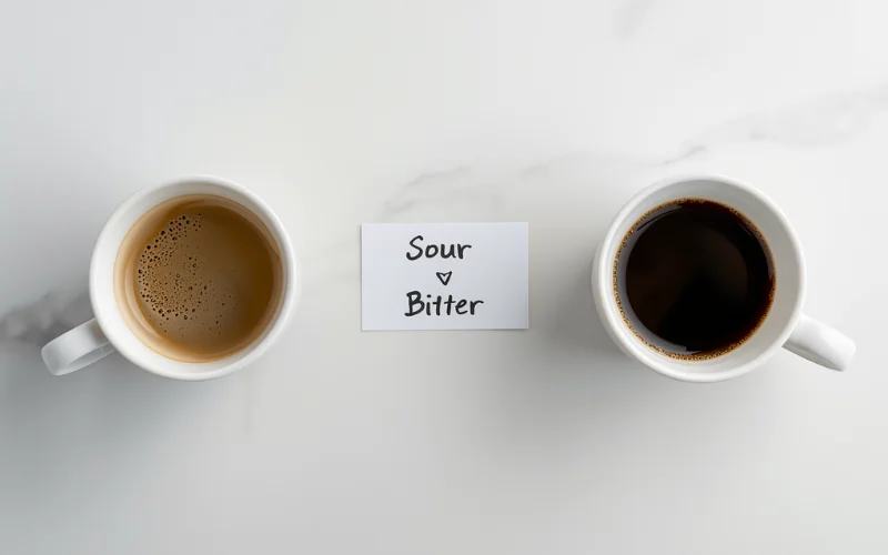 Two cups showing under-extracted sour coffee on the left and over-extracted bitter coffee on the right as grind adjustment guides