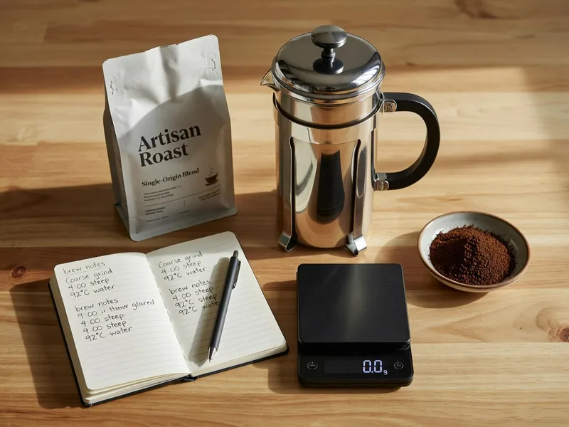 Brushed stainless steel French press as the centrepiece of a morning brewing setup with coffee bag, scale, and brewing notes