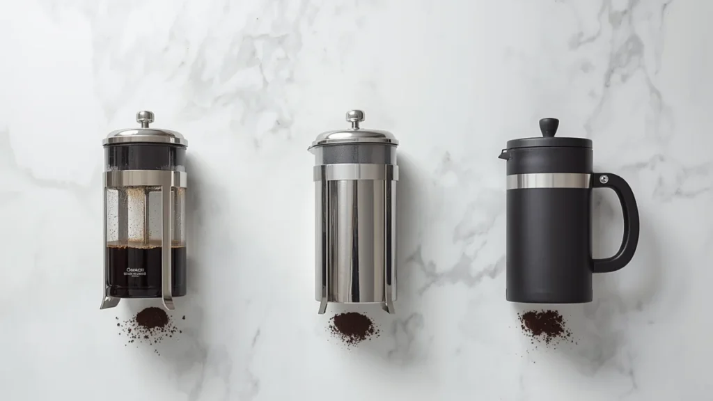 Three French press models side by side showing glass-chrome Chambord style, stainless steel double-wall, and budget plastic-frame versions