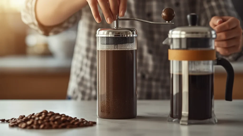 a person adjusting a burr grinder grind setting for French press coffee, with coffee beans, a French press, and freshly ground coffee nearby.