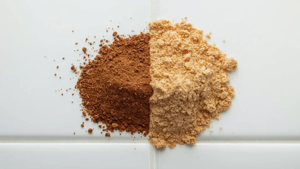 Correct medium-fine coffee grounds on the left versus over-ground dusty fine coffee on the right