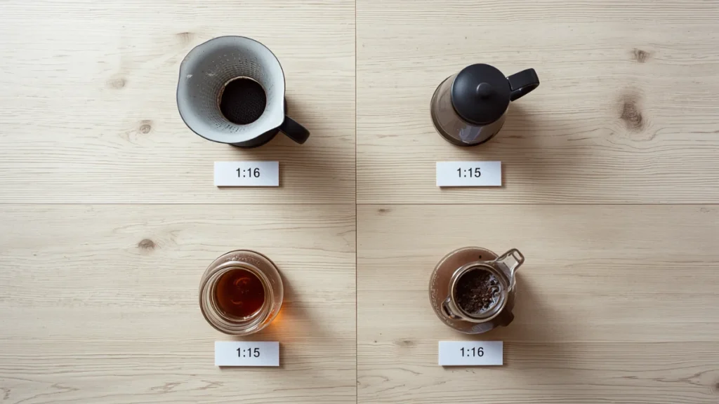 Four coffee brewing methods with their recommended ratios — pour over 1:16, French press 1:15, cold brew 1:5, drip 1:16