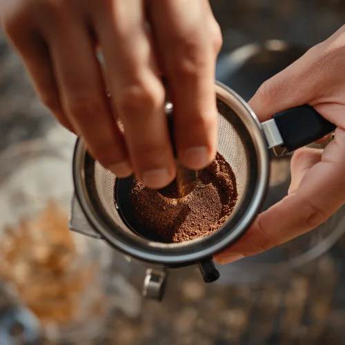 Close-up of coarsely ground coffee in a French press before adding water