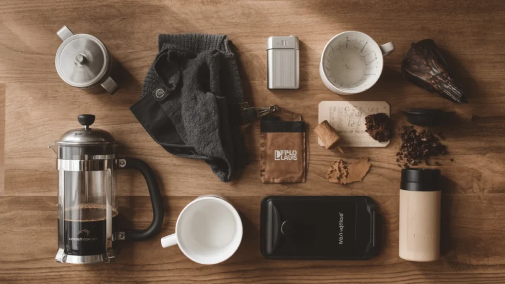 multiple coffee brewing tools arranged neatly, including a French press, pour-over setup, grinder, mug, and travel coffee accessories, suggesting different brewing needs and use cases.