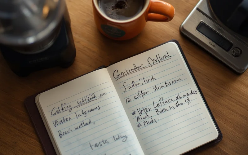 Handwritten brewing notes with grinder settings next to a burr grinder and coffee scale