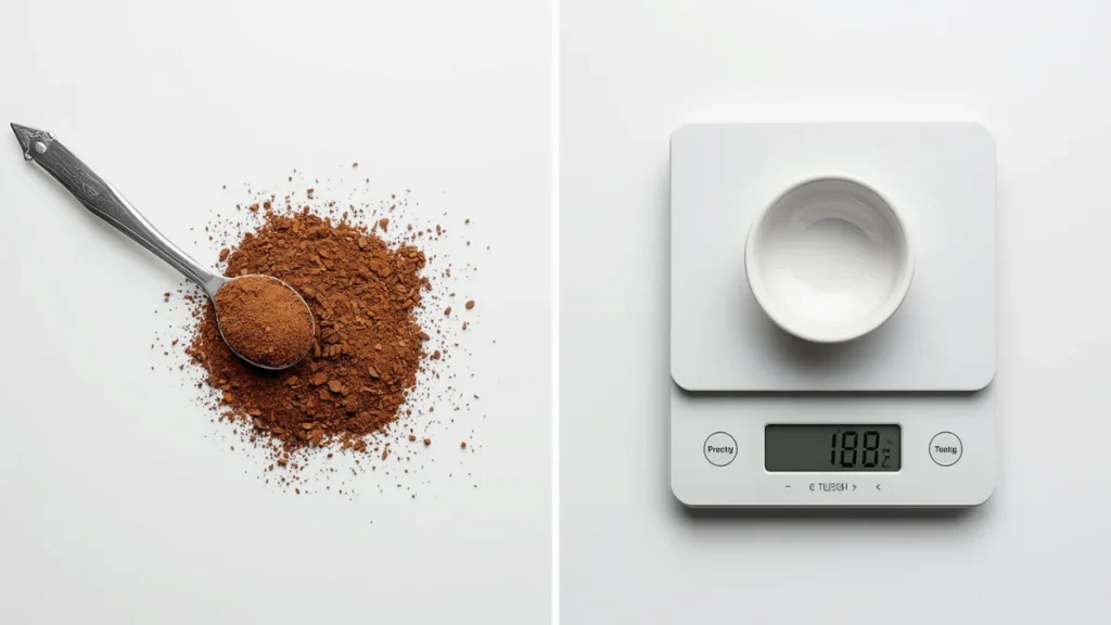 Tablespoon measurement of coffee on the left versus precise digital scale measurement on the right showing the difference in accuracy