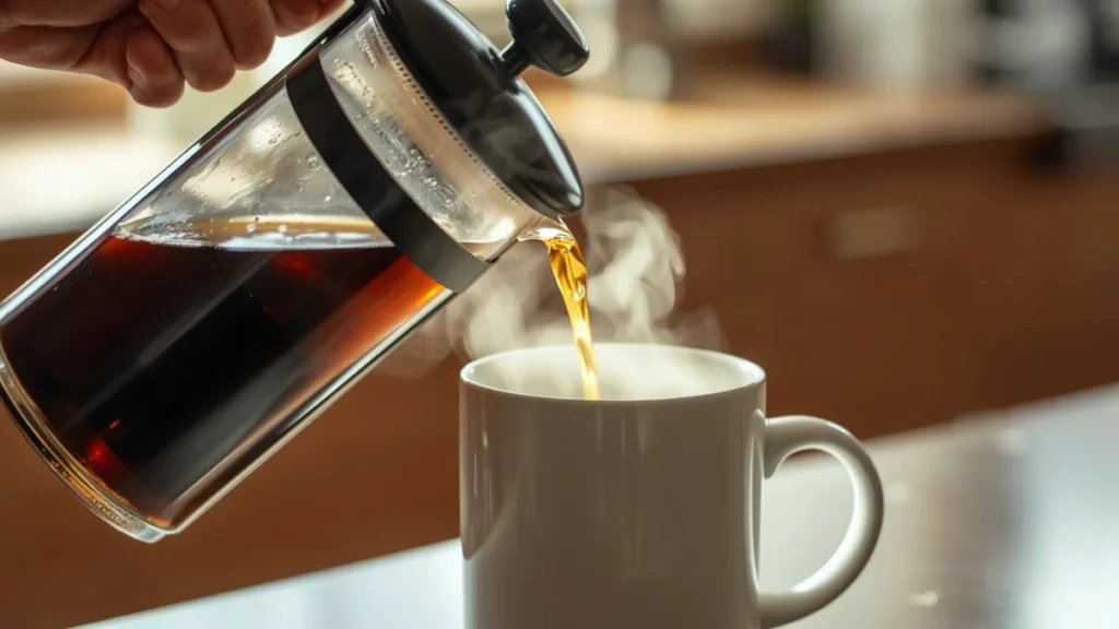 Pouring clean French press coffee from a double-filter glass press into a white mug with no visible sediment